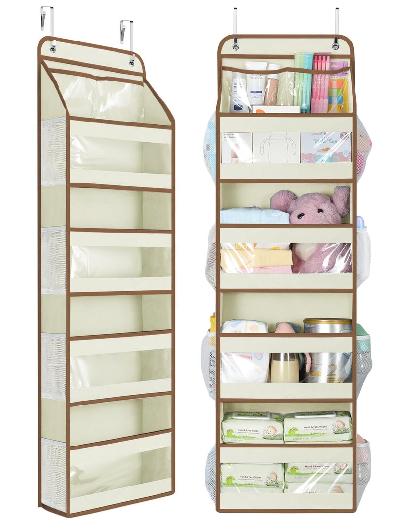 Yecaye 5 Tier 1Pc Over the Door Organizer Swingproof Door Organizer Hanging with Clear PVC Windows Behind the Door Storage for Bedroom Nursery Closet Laundry Pantry Bathroom Beige - Image 2