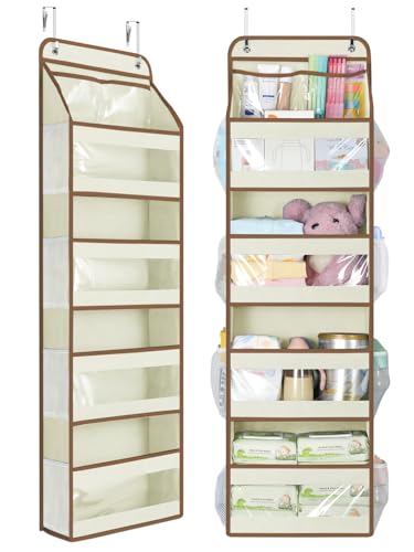Yecaye 5 Tier 1Pc Over the Door Organizer Swingproof Door Organizer Hanging with Clear PVC Windows Behind the Door Storage for Bedroom Nursery Closet Laundry Pantry Bathroom Beige - Image 1