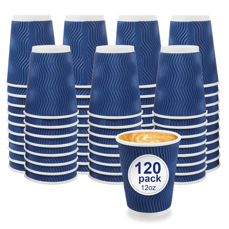 RAZCC Coffee Cups, 120 Pack 12 oz Disposable Insulated Paper Cups, Corrugated Kraft Ripple Wall Cup Suitable for Hot and Cold Drinks - Image 1