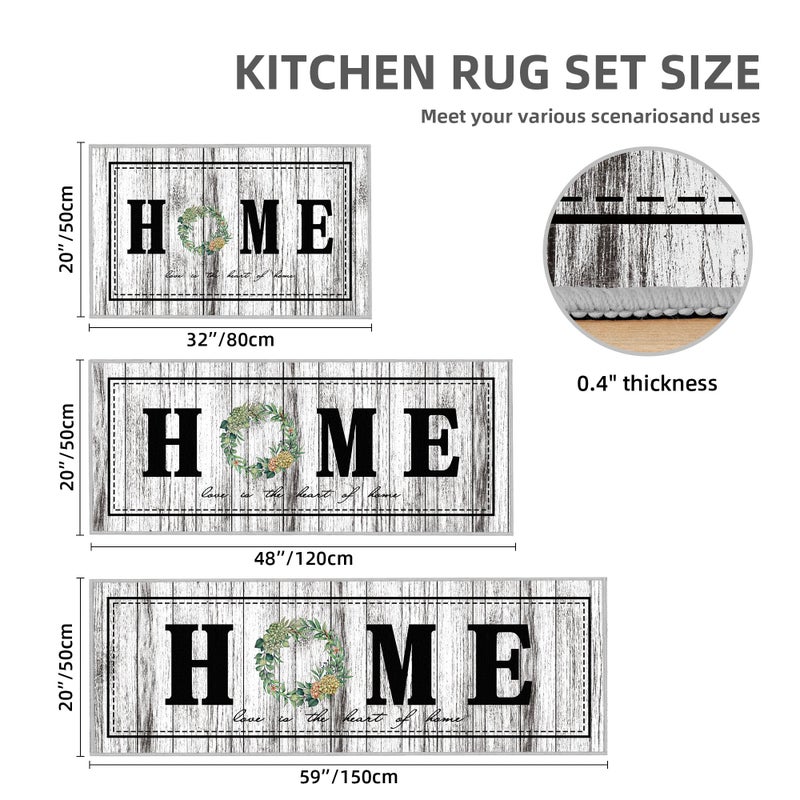 Tritard 100% Non Slip Kitchen Rugs Sets of 3 Farmhouse Washable Kitchen Mats for Floor Non-Skid Kitchen Runner Rug Soft Rustic Kitchen Floor Carpet for Hallway, Laundry, Sink, Office, Grey - Image 2