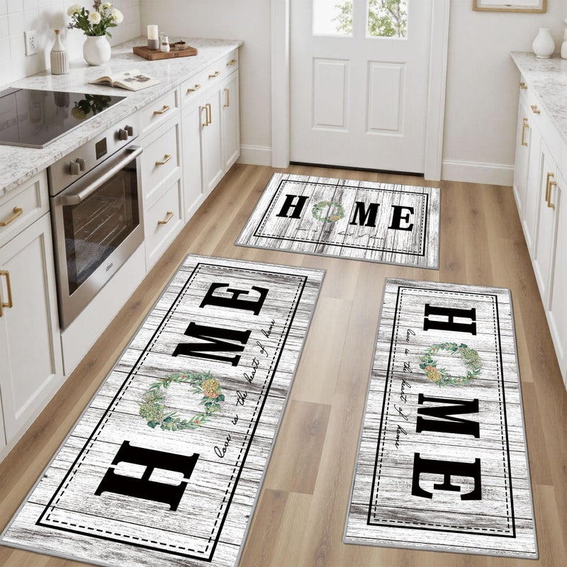Tritard 100% Non Slip Kitchen Rugs Sets of 3 Farmhouse Washable Kitchen Mats for Floor Non-Skid Kitchen Runner Rug Soft Rustic Kitchen Floor Carpet for Hallway, Laundry, Sink, Office, Grey - Image 1