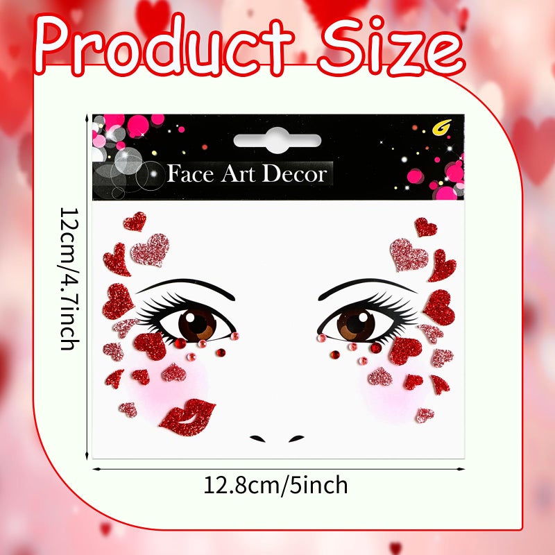 Jacnkb Valentine's Day Face Gems Face Jewels Stickers Red Love Heart Lip Self Adhesive Eye Body Face Nail Hair Crystal Rhinestones for Makeup Festival Glitter Face Art Decor 2Sheets (style1) - Image 4