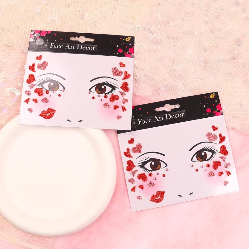 Jacnkb Valentine's Day Face Gems Face Jewels Stickers Red Love Heart Lip Self Adhesive Eye Body Face Nail Hair Crystal Rhinestones for Makeup Festival Glitter Face Art Decor 2Sheets (style1) - Image 2