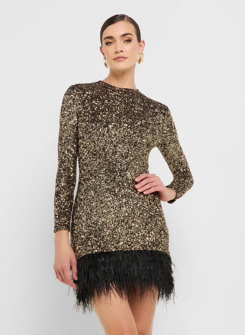 Ginger Boutique eclat luxe sequin embellished bodycon dress with feather hem