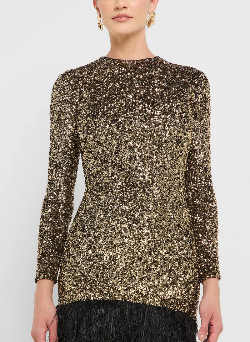 Ginger Boutique eclat luxe sequin embellished bodycon dress with feather hem
