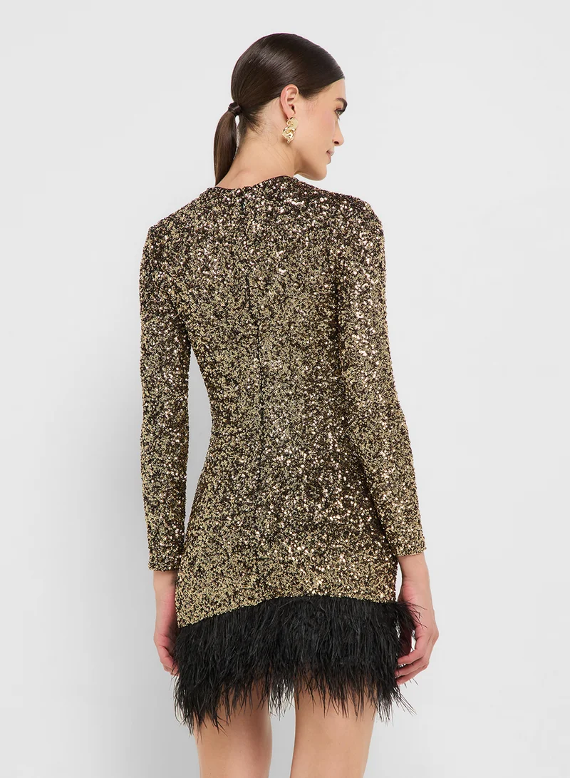 Ginger Boutique eclat luxe sequin embellished bodycon dress with feather hem