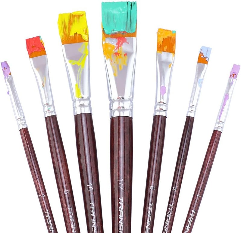 TRANSON Flat Paint Brush Set 7pcs for Acrylic Watercolor Gouache Oil and Body Painting - Image 2