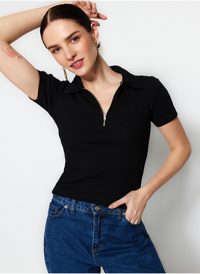 Black Zipper Detail Fitted/Simple Polo Collar Ribbed Stretch Knitted Blouse TWOSS23BZ00496 - pzsku/Z22EFD5AED0E65FA8914CZ/45/_/1730941795/1084625a-963d-4499-8685-38fa3908f1b4