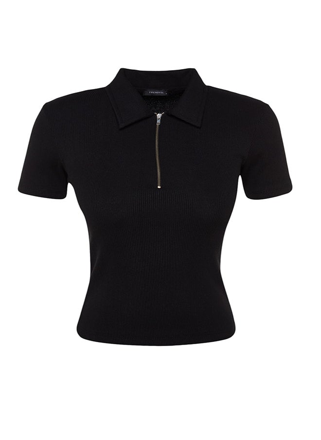 Black Zipper Detail Fitted/Simple Polo Collar Ribbed Stretch Knitted Blouse TWOSS23BZ00496 - pzsku/Z22EFD5AED0E65FA8914CZ/45/_/1730941799/50bcd9b3-7091-45bb-bac1-94ab34684f4b