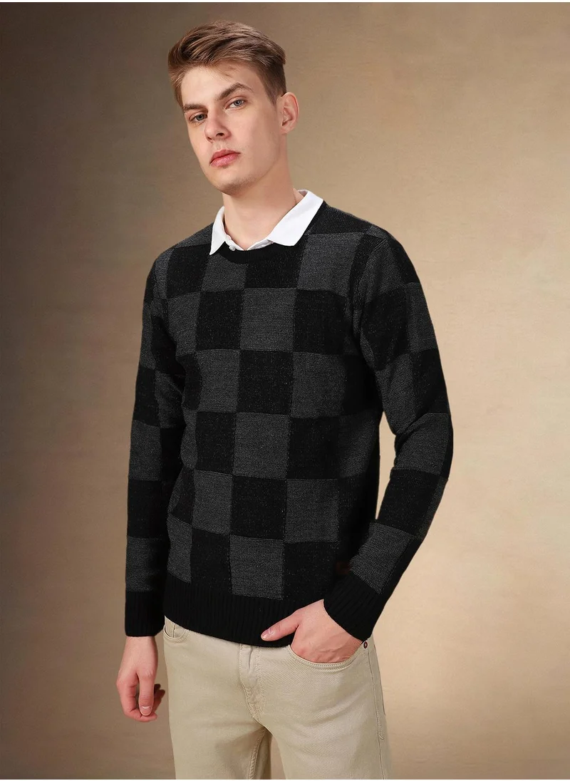 دينيس لينغو Men's Black 100% Acrylic Checkered Regular Fit Sweater