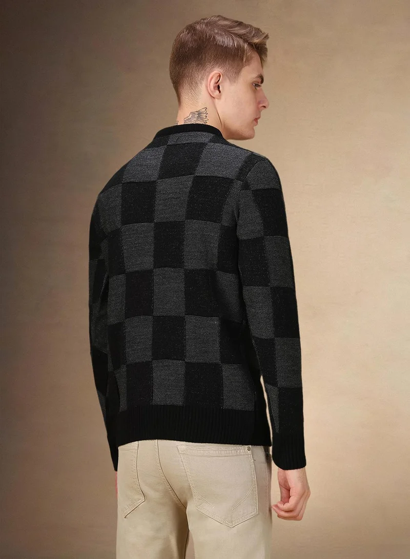 Dennis Lingo Men's Black 100% Acrylic Checkered Regular Fit Sweater