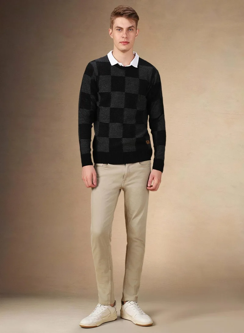 Dennis Lingo Men's Black 100% Acrylic Checkered Regular Fit Sweater