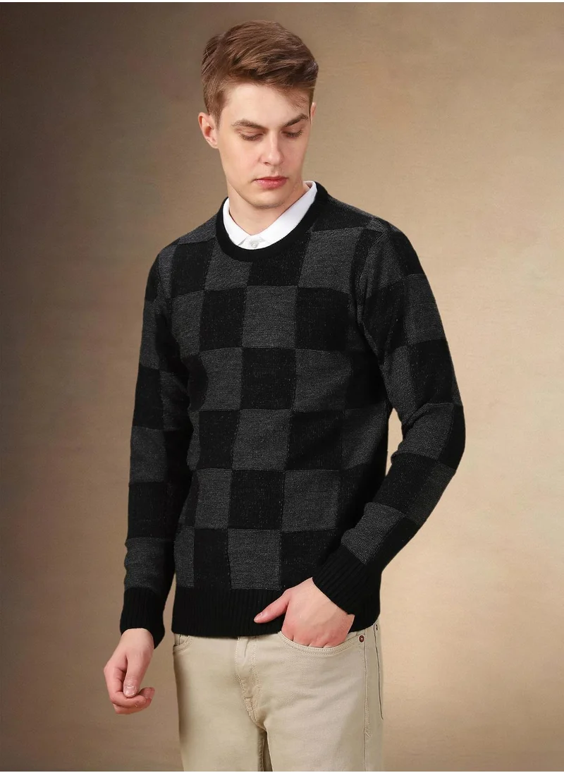دينيس لينغو Men's Black 100% Acrylic Checkered Regular Fit Sweater