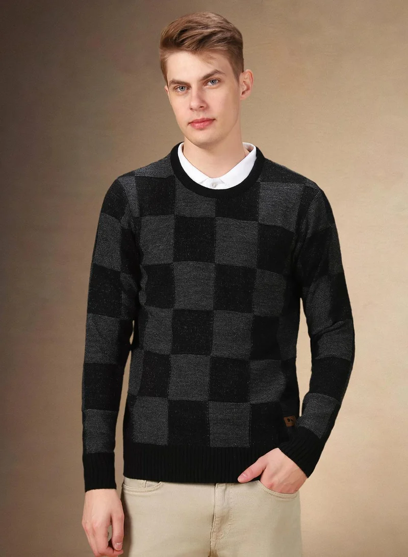 Dennis Lingo Men's Black 100% Acrylic Checkered Regular Fit Sweater