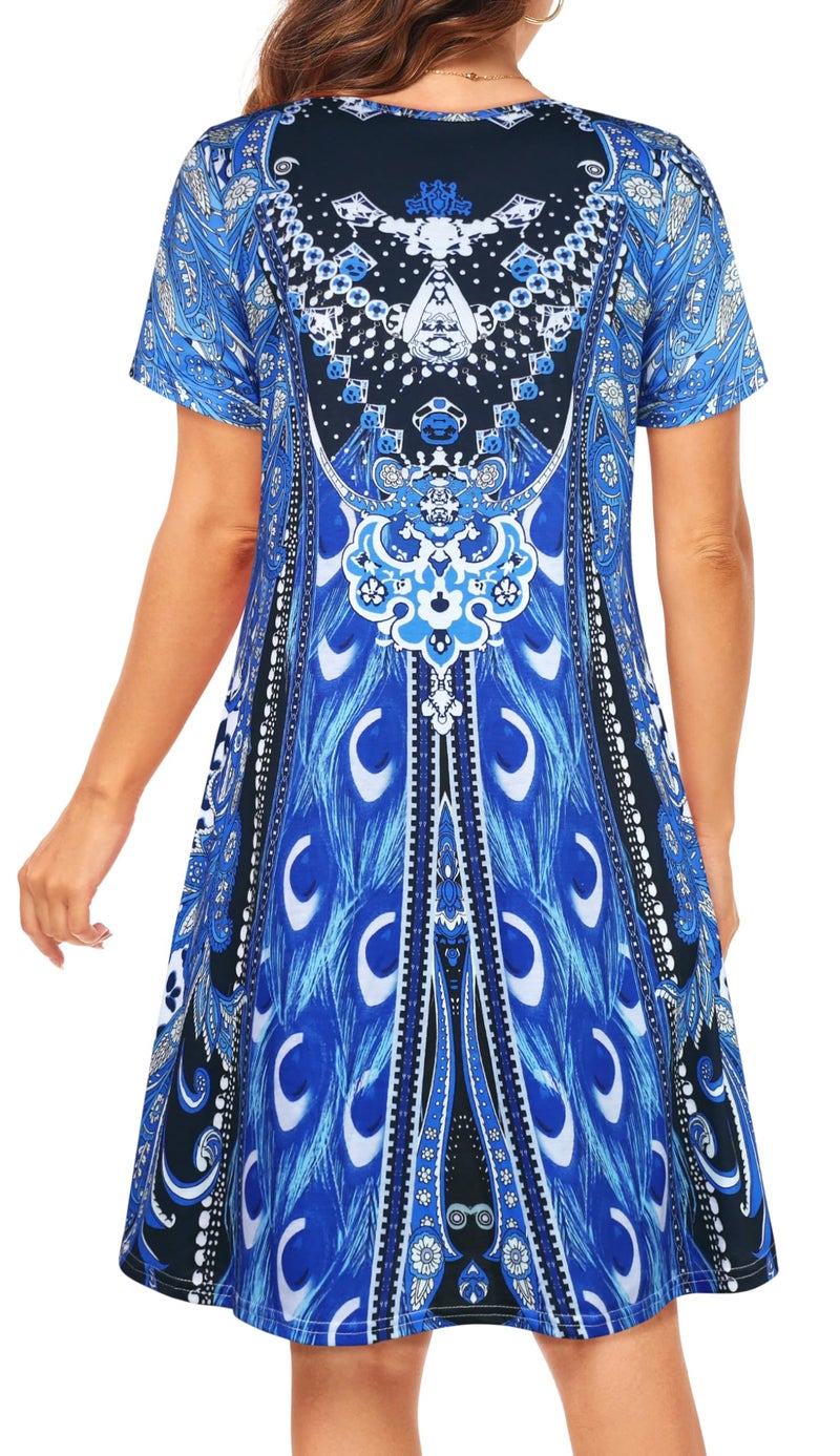 elescat Womens Summer Dresses Short Sleeve Casual Beach Tshirt Loose Swing Sundress with Pockets (Blue Boho, L) - Image 5