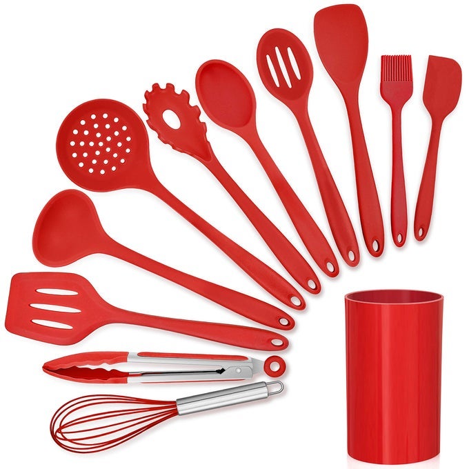 12PIECE RED SILICONE KITCHEN COOKING UTENSILS WITH HOLDER KITCHEN TOOLS SET INCLUDE SLOTTED SPATULA SPOON TURNER LADLE TONG WHISK DISHWASHER SAFE