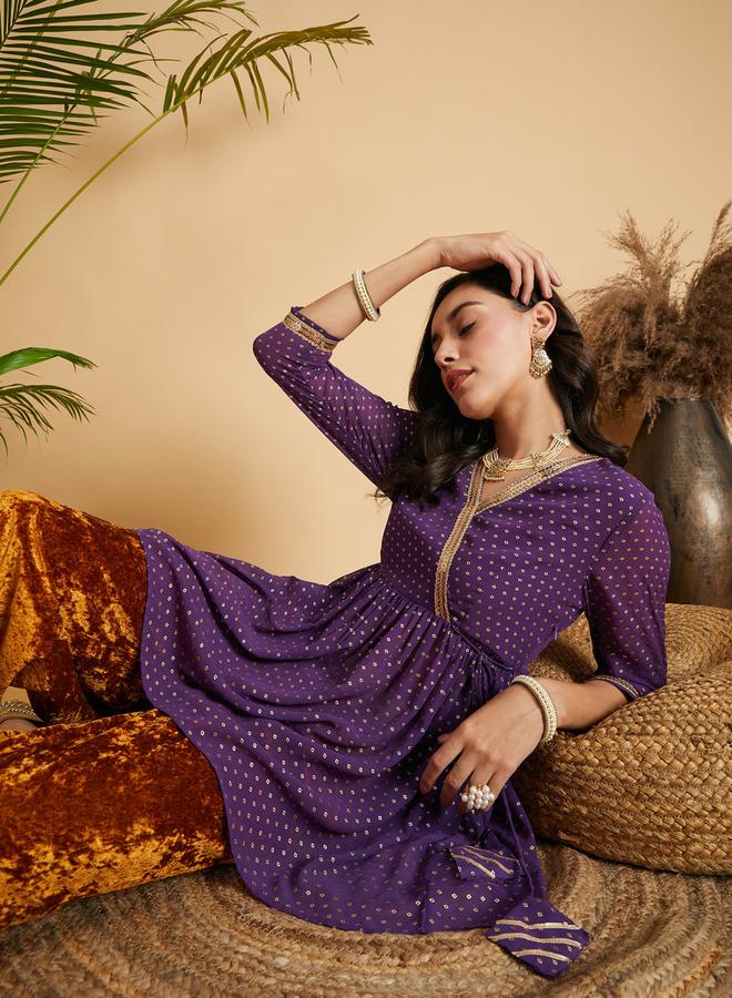 SASSAFRAS Spot Foil Print Lace Trim Wrap Peplum Top - Image 2