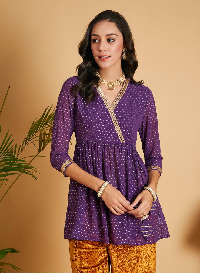 SASSAFRAS Spot Foil Print Lace Trim Wrap Peplum Top - Image 1