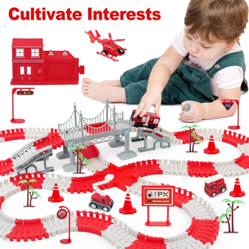 BEMITON Race Track Playset for Kids Flexible DIY Car Track Toy Educational Birthday Gift for Boys Ages 3 4 5 6 7 330 PCS Building Kit with Fire Trucks - Image 5
