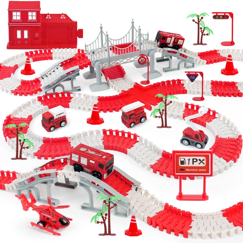 BEMITON Race Track Playset for Kids Flexible DIY Car Track Toy Educational Birthday Gift for Boys Ages 3 4 5 6 7 330 PCS Building Kit with Fire Trucks - Image 3