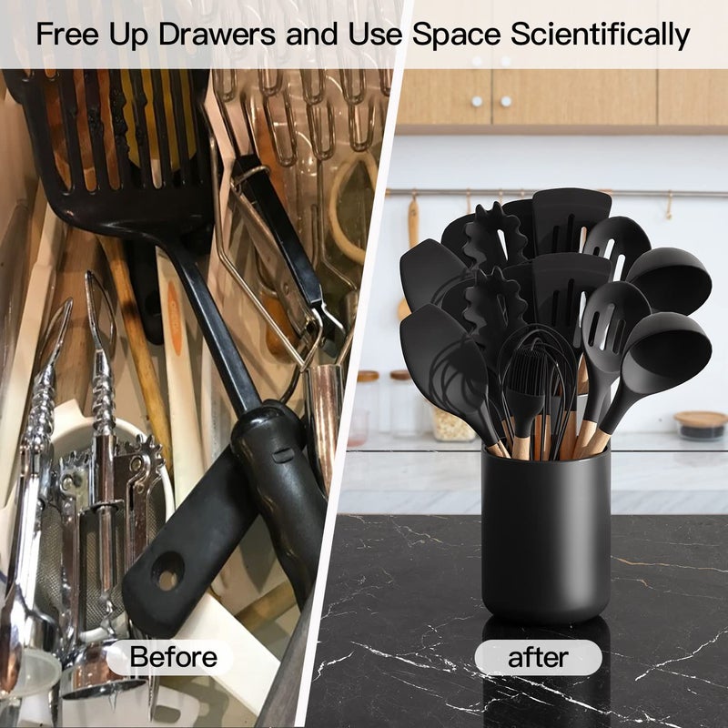 LATCHHOOK Black Kitchen Utensil Holder for Countertop, Matte Ceramic Cooking Utensil Crock for Counter Easy to Clean, Modern Spatula Holder for Farmhouse DÃ©cor 4.5Ã—6.4 INCH - Image 5