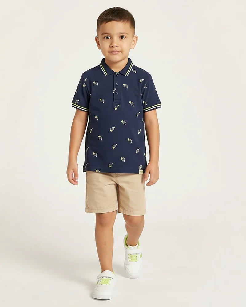 Redtag Boys Navy Printed Polo Shirt