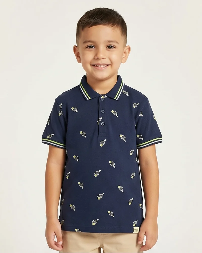 Redtag Boys Navy Printed Polo Shirt