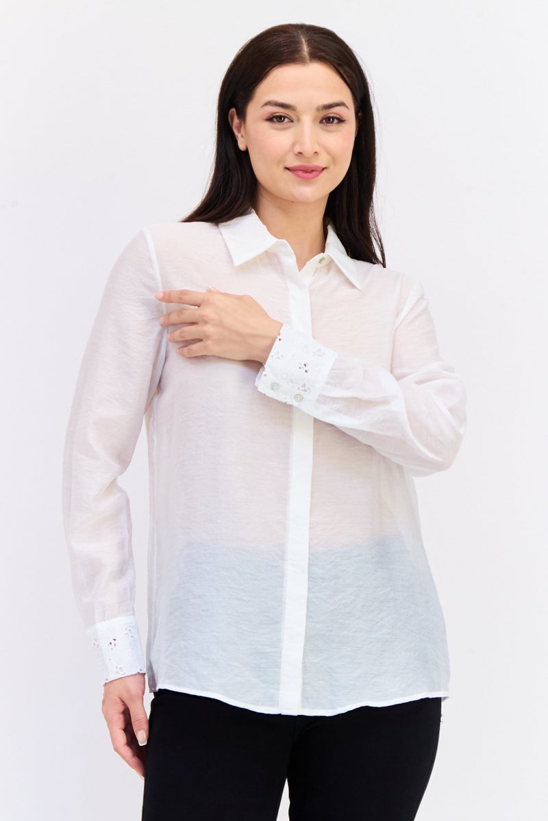 KOTON Women Spread Collar Long Sleeves Textured Shirt, White - Image 1