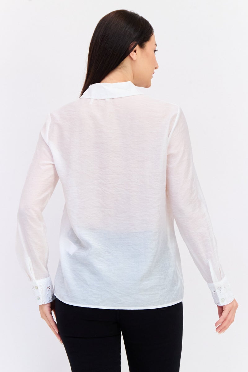 KOTON Women Spread Collar Long Sleeves Textured Shirt, White - Image 3