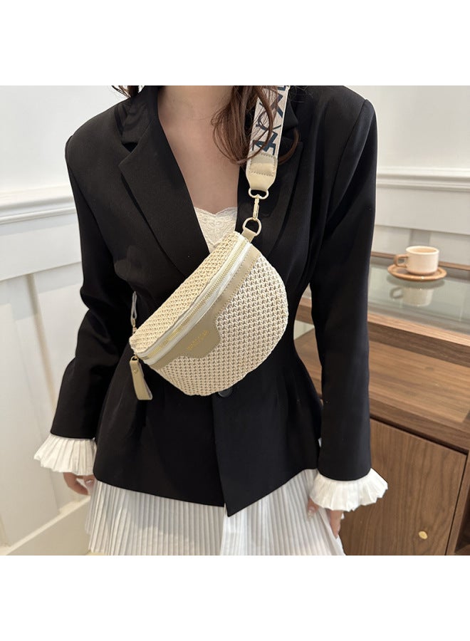 Woven Bag Women's Bag 2024 Style Simple Fashionable Contrasting Color Large Capacity Straw Woven Shoulder Bag Chest Bag-Colors:White Coordination  - Image 1