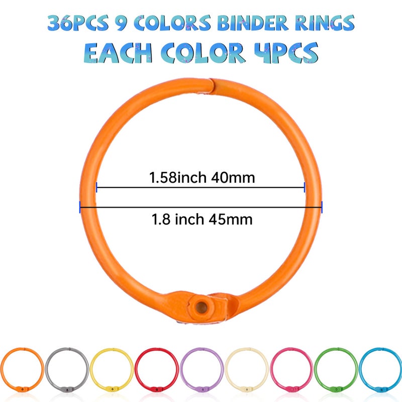 AKONEGE 1.8 Inch (36 Pack) Metallic Loose Leaf Binder Rings 45mm Colorful Metal Steel Book Rings Keychain Key Rings Notebook Paper Rings for Index Cards Flash Cards for School Office Home, 9 Colors - Image 2