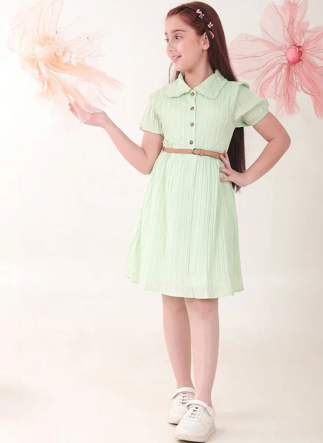 Bonkids BONKIDS Green Satin Fit & Flare Dress with Shirt Collar