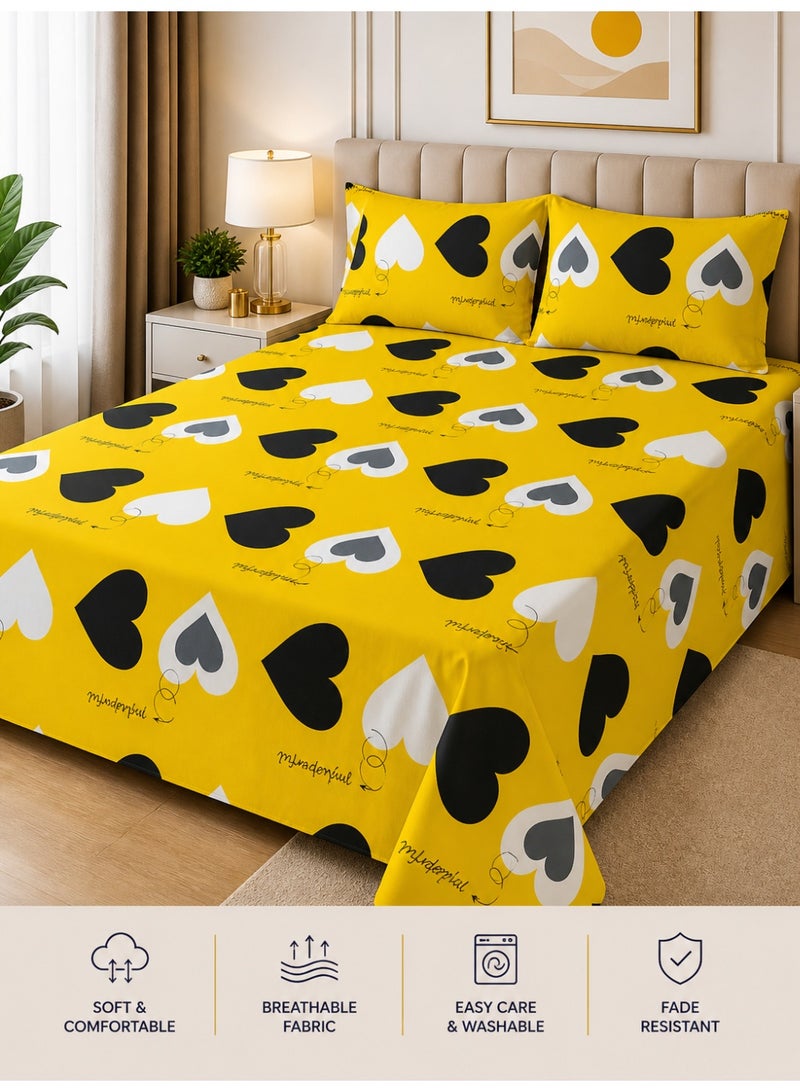 Eworld King Size Yellow Heart Pattern Bedsheet Set 3PCS – 125 GSM Soft Breathable Fabric, Fade Resistant Bedding with 2 Pillow Covers, 220x240 CM - Image 1