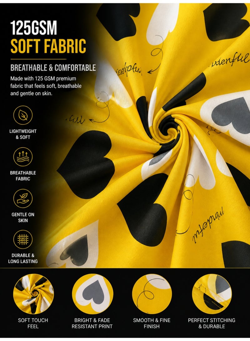 Eworld King Size Yellow Heart Pattern Bedsheet Set 3PCS – 125 GSM Soft Breathable Fabric, Fade Resistant Bedding with 2 Pillow Covers, 220x240 CM - Image 2
