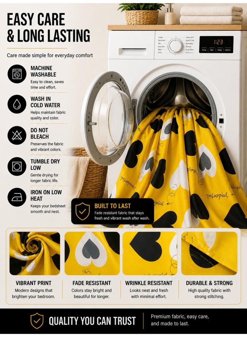 Eworld King Size Yellow Heart Pattern Bedsheet Set 3PCS – 125 GSM Soft Breathable Fabric, Fade Resistant Bedding with 2 Pillow Covers, 220x240 CM - Image 4
