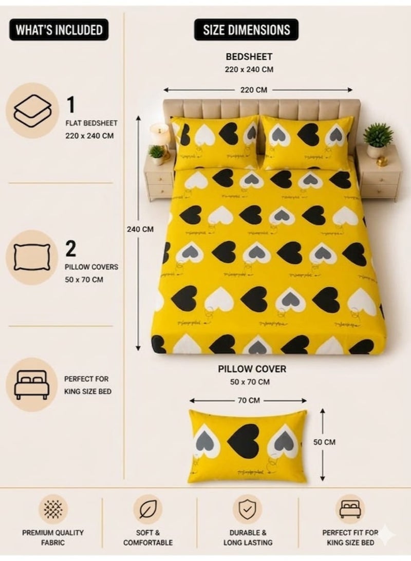 Eworld King Size Yellow Heart Pattern Bedsheet Set 3PCS – 125 GSM Soft Breathable Fabric, Fade Resistant Bedding with 2 Pillow Covers, 220x240 CM - Image 3