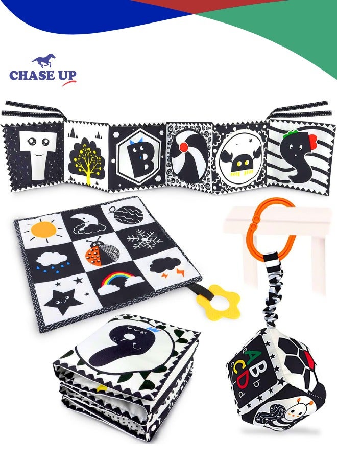 Chase Up 3 Pcs Black and White High Contrast Baby Toys, Newborn to 3 Months, Montessori Sensory Soft Book for Early Education, Infant Tummy Time Toys, Baby Gifts - Image 1