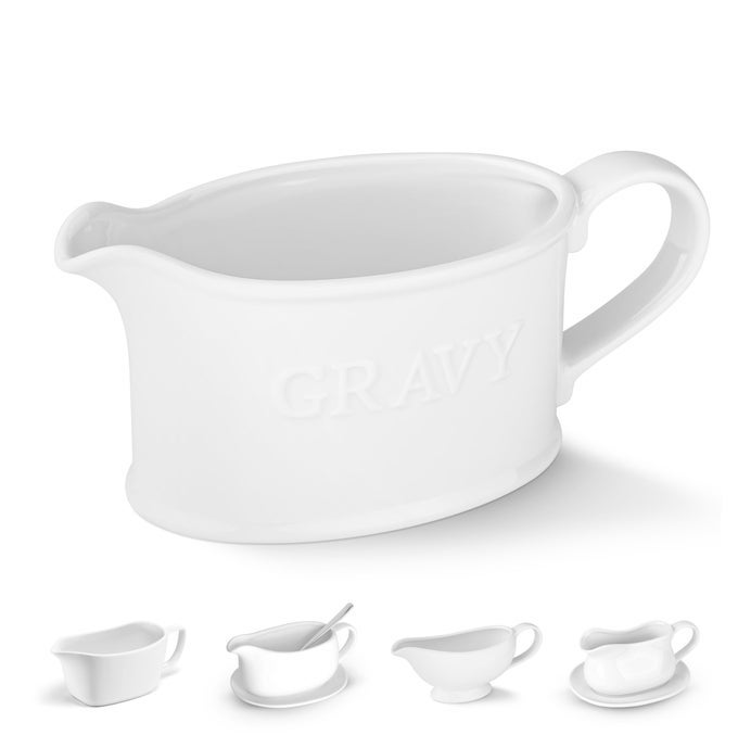CERAMIC GRAVY BOAT SERVING DISPENSER PORCELAIN PITCHER FOR SAUCES DRESSINGS AND CREAMER LARGE HANDLE MICROWAVE AND DISHWASHER SAFE 18 OZ WHITE