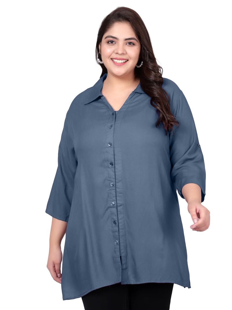 Indietoga Women's Plus Size Casual Rayon Longline Shirt (P10001563_Grey Solid_2XL) - Image 1