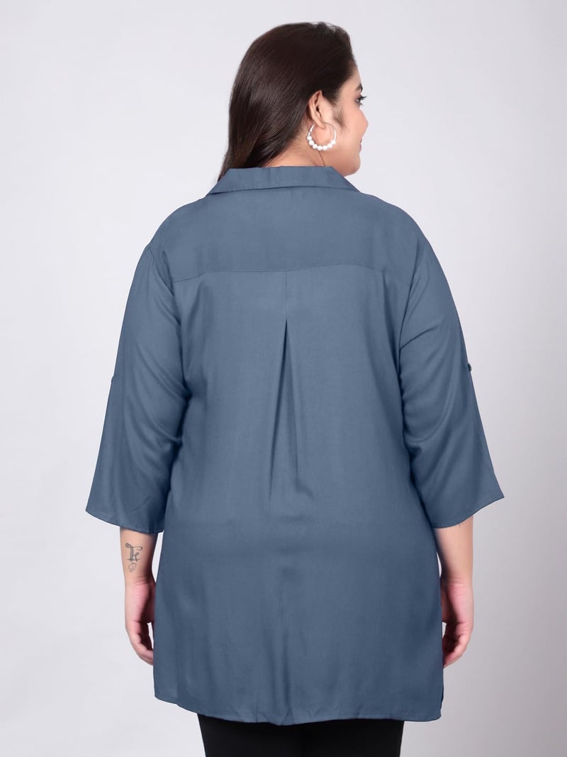 Indietoga Women's Plus Size Casual Rayon Longline Shirt (P10001563_Grey Solid_2XL) - Image 4