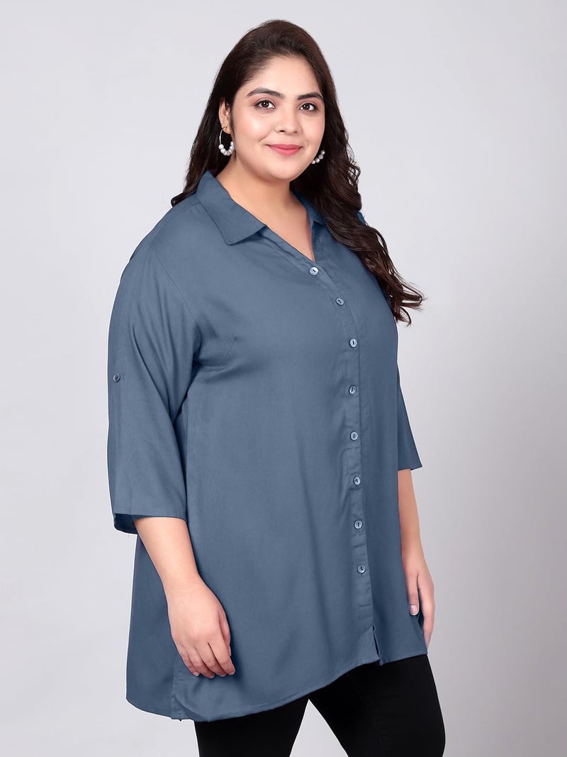 Indietoga Women's Plus Size Casual Rayon Longline Shirt (P10001563_Grey Solid_2XL) - Image 5
