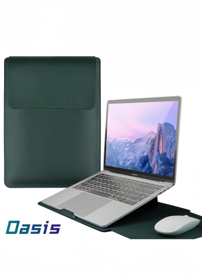 Oasis 3-in-1 Leather Laptop Sleeve Bag with Adjustable Ergonomic Stand & Mouse Pad for 13.3" 14" MacBook Air/Pro - Dark Green - Image 1