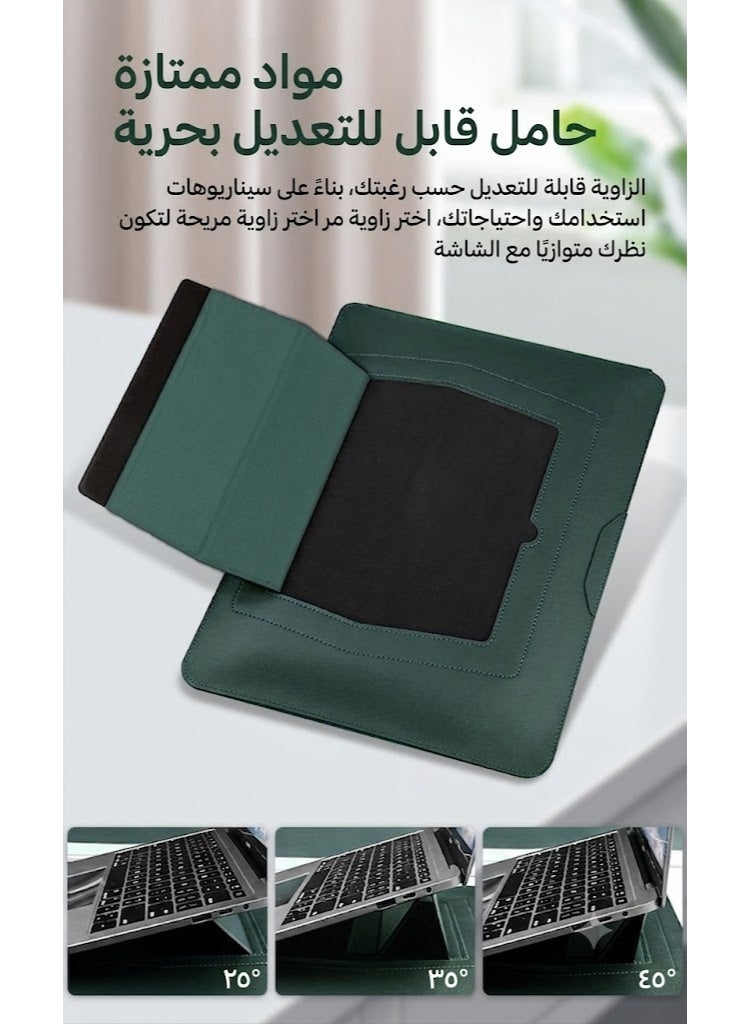 Oasis 3-in-1 Leather Laptop Sleeve Bag with Adjustable Ergonomic Stand & Mouse Pad for 13.3" 14" MacBook Air/Pro - Dark Green - Image 4