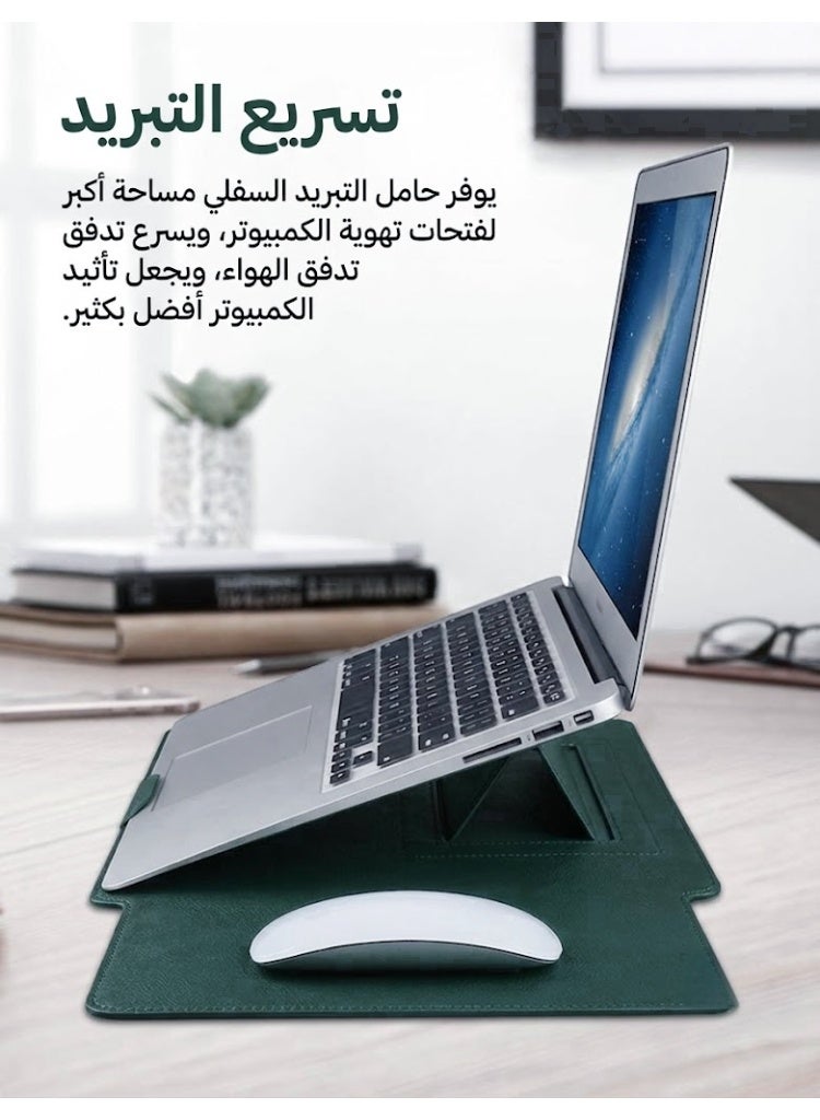 Oasis 3-in-1 Leather Laptop Sleeve Bag with Adjustable Ergonomic Stand & Mouse Pad for 13.3" 14" MacBook Air/Pro - Dark Green - Image 3