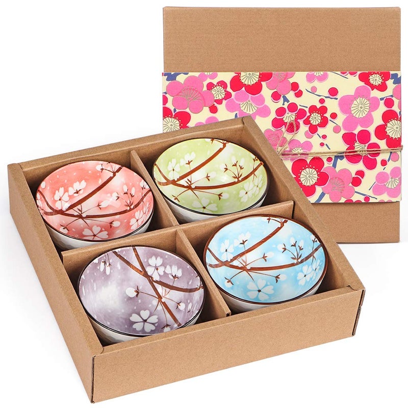 Sanbege Ceramic Rice Bowls 10 oz Sakura Bowl Gift Set Assorted Color Dinnerware Serving Bowls for Rice Cereal Noodle Soup Desserts Pack of 4 Cherry Blossom