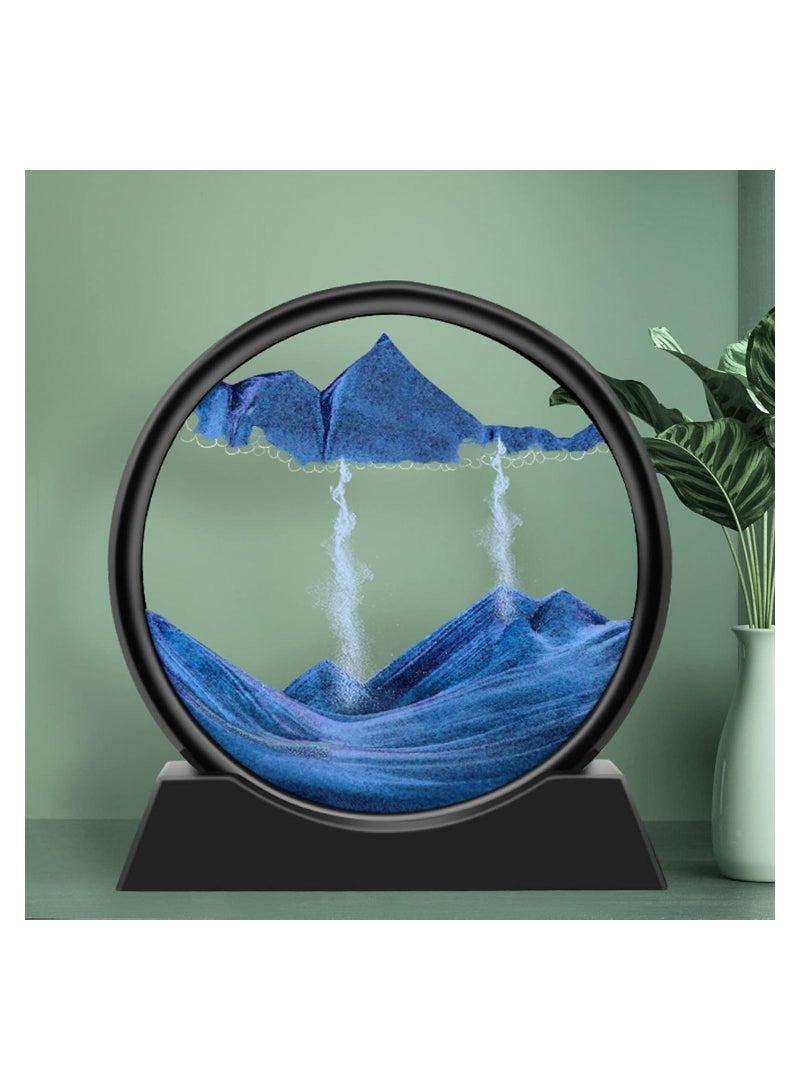 Flowing Sand Painting Moving Sand Art Picture Round Glass 3D Deep Sea Sandscape in Motion Display Flowing Sand Frame Home Office Desktop Decorations 7IN Blue - Image 1