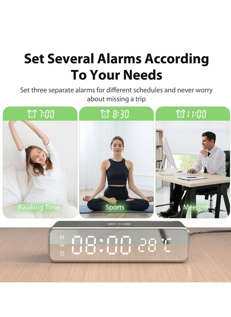 Wireless Charging Digital Alarm Clock, 15W Fast Charger for Smart Phone, Dimmable LED Display, Snooze Mode, Temperature Detect, Sleep Timer Bedroom, Bedside, Office, Table