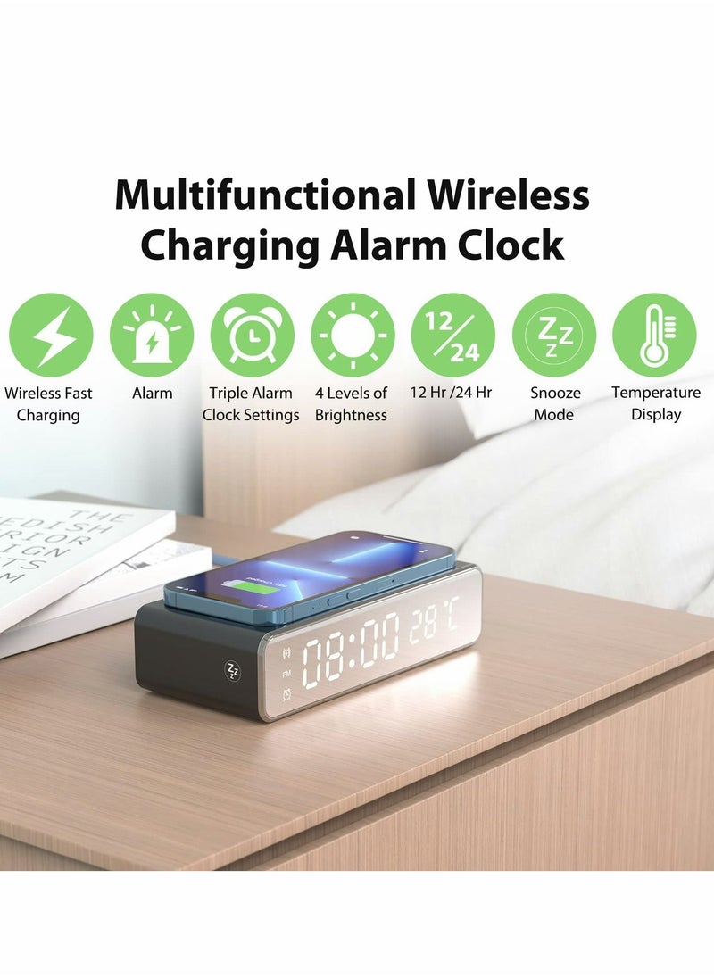 Wireless Charging Digital Alarm Clock, 15W Fast Charger for Smart Phone, Dimmable LED Display, Snooze Mode, Temperature Detect, Sleep Timer Bedroom, Bedside, Office, Table