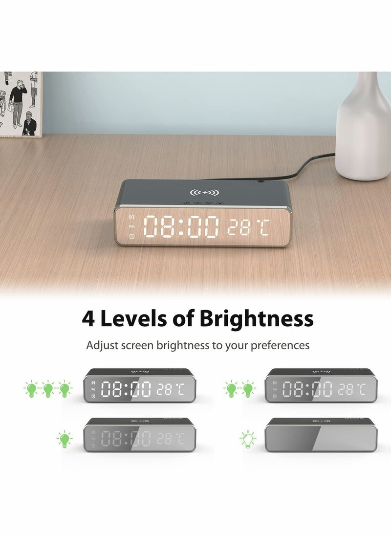 Wireless Charging Digital Alarm Clock, 15W Fast Charger for Smart Phone, Dimmable LED Display, Snooze Mode, Temperature Detect, Sleep Timer Bedroom, Bedside, Office, Table