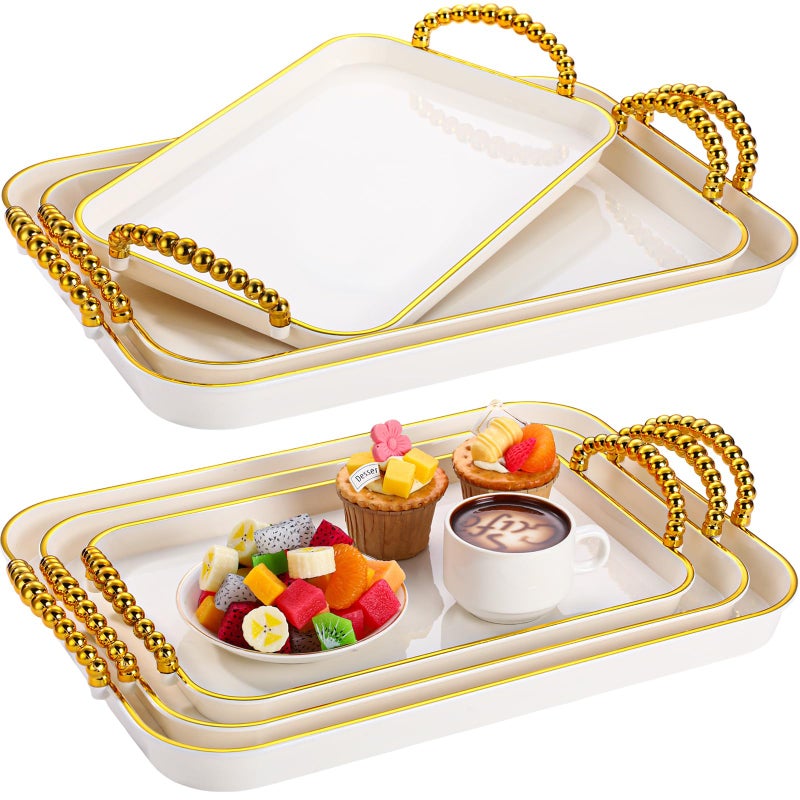 Rtteri Set of 6 Serving Platters with Handles, 18.3/16.73/14.8 Inch Large Rectangular Serving Platters, Serving Dish for Entertaining Dinner Party Wedding Decoration(Round Beads Handles,White) - Image 1
